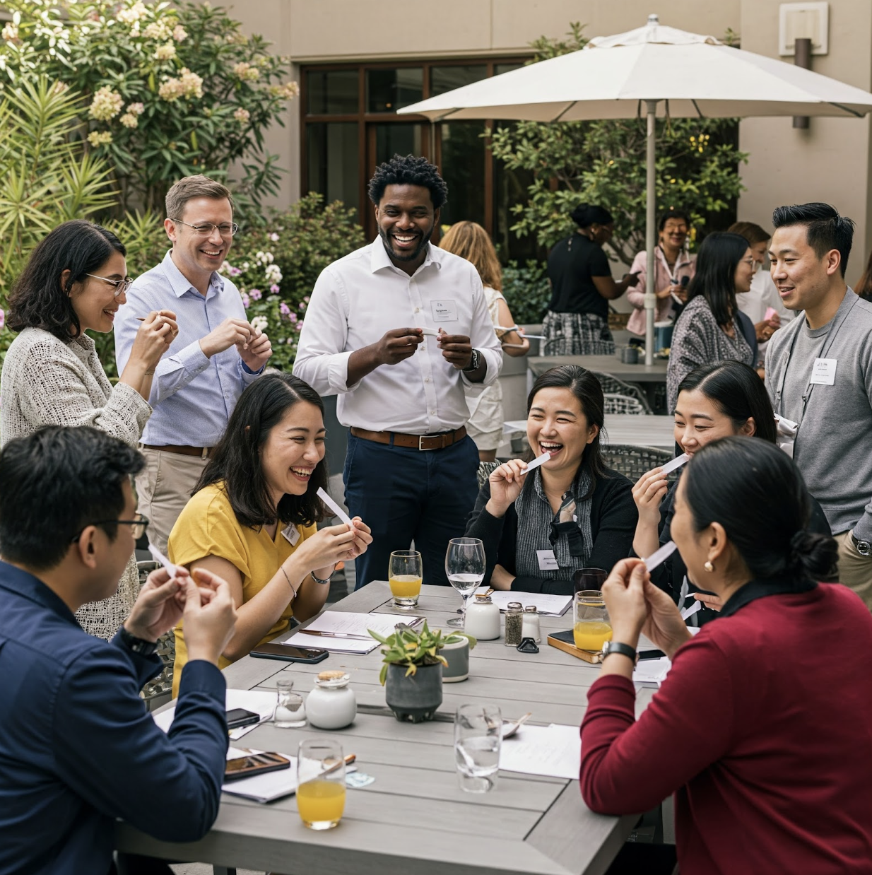 Guests smiling and testing fragrance strips at an outdoor Swirl Works tasting